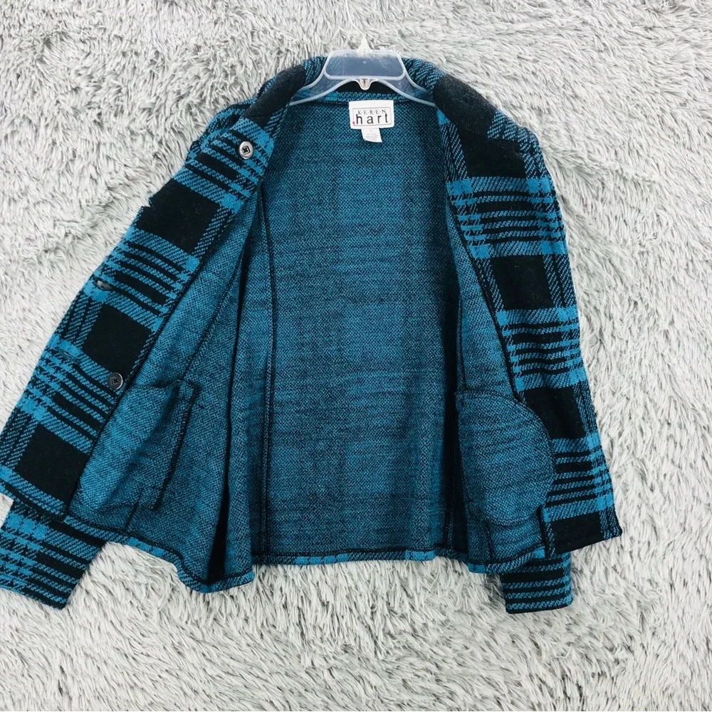 Keren Hart Peacoat Womens XL Wool Plaid Blue Black Pockets Pea Coat